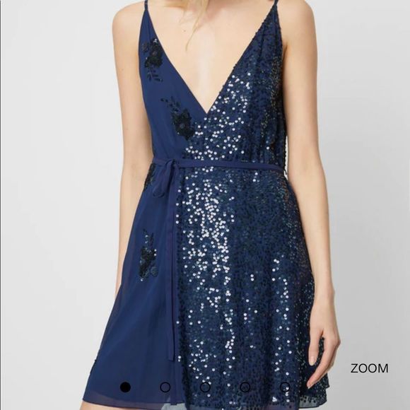 French Connection Aurora Embellished Wrap Dress Size 6 Navy - Picture 1 of 11